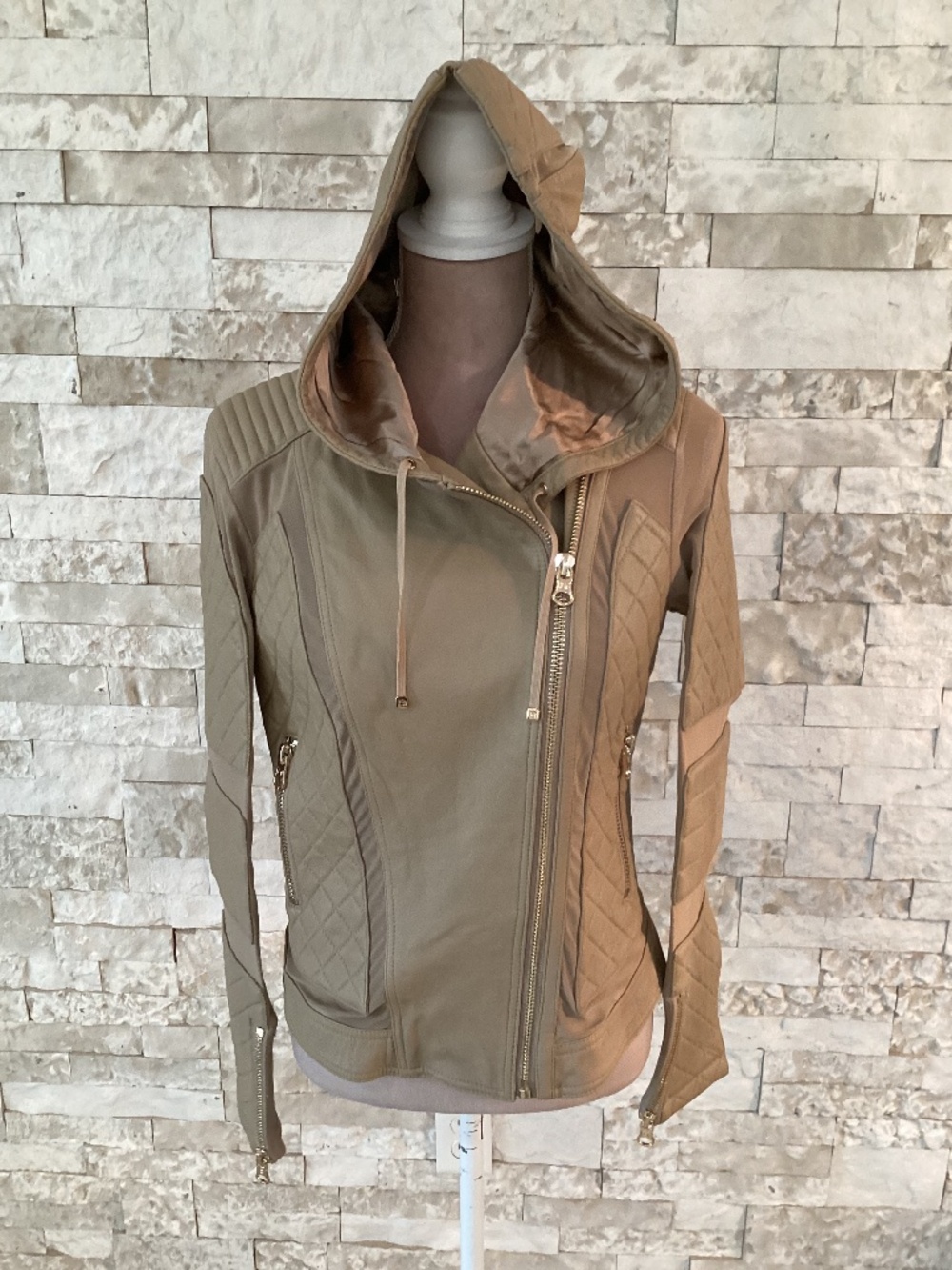 blanc noir Hooded Quilted Faux Leather Jacket in Taupe Brown